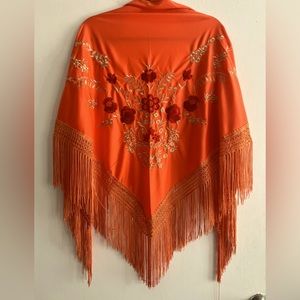 Vintage orange embroidered flower and fringe shawl